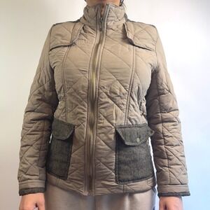 Oak & Rush Quilted Tweed Trim Jacket Tan Beige Zip Front Women's Size L